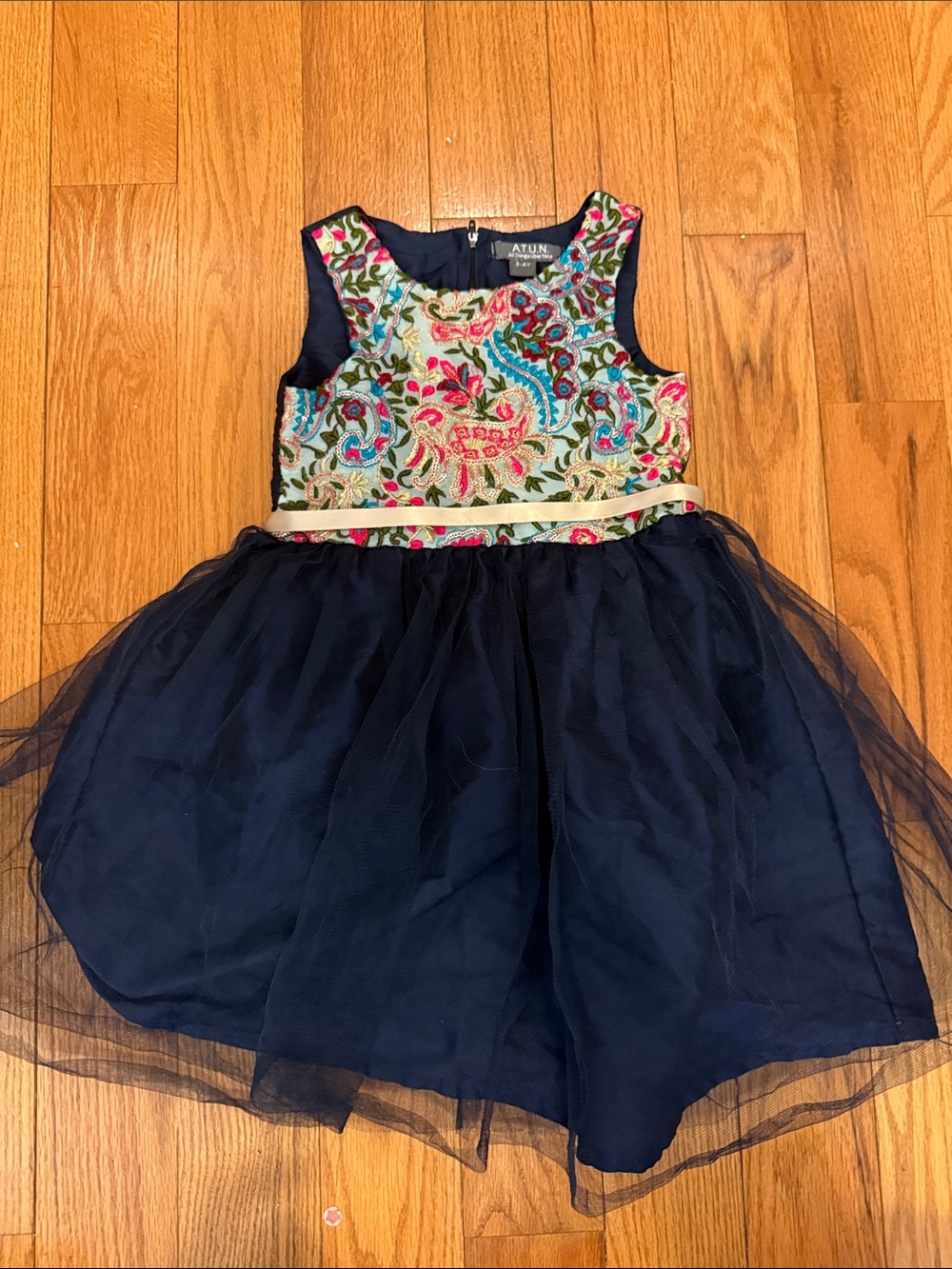 Atun Girls' Navy Tulle Dress with Multicolor Embroidered Bodice